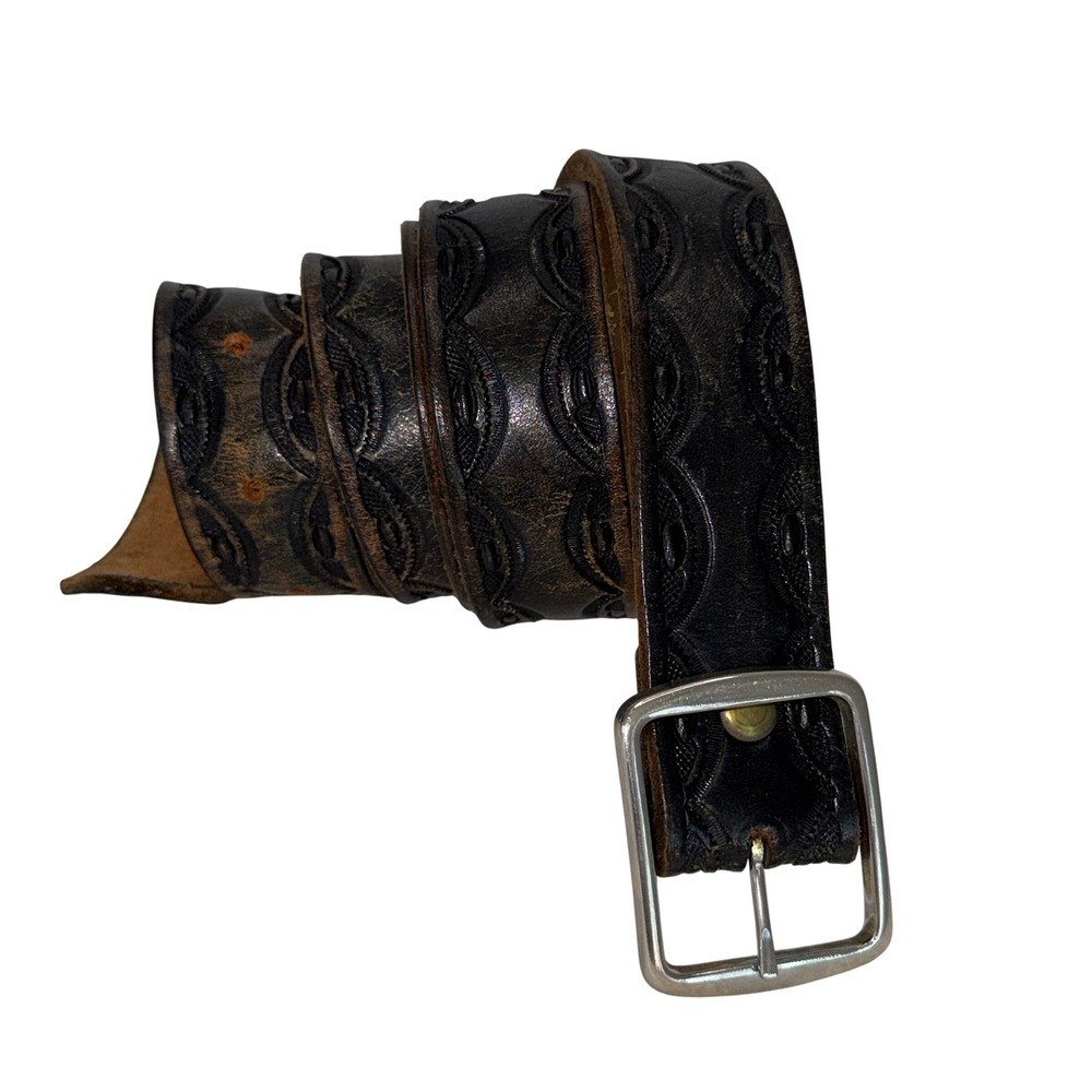 Unbranded Tooled Leather Belt Unisex 50 Black Good Distressed Western Boho